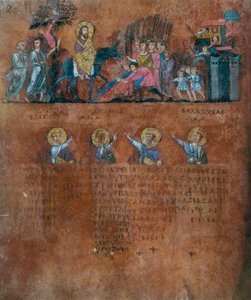 Detalle de un folio del Codex Purpureus Rossanensis, miniatura griega de evangelista en un scriptorium probablemente de Antioquía en Siria o Cesarea Palestina. Conservado en el Museo Diocesano de Rossano
